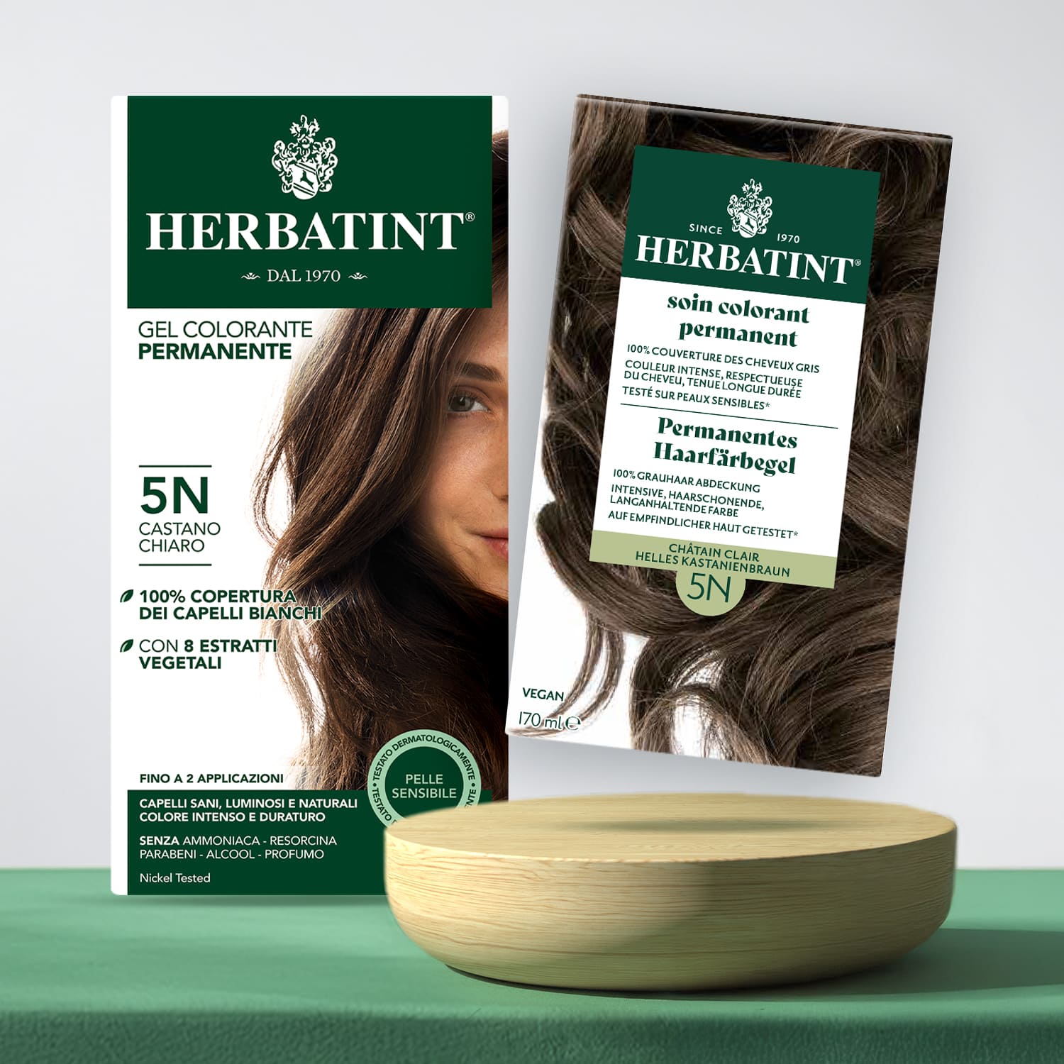 Vergleich der alten und neuen Verpackung der Herbatint 5N Hellbraun Haarfarbe, mit Darstellung des aktualisierten modernen Designs