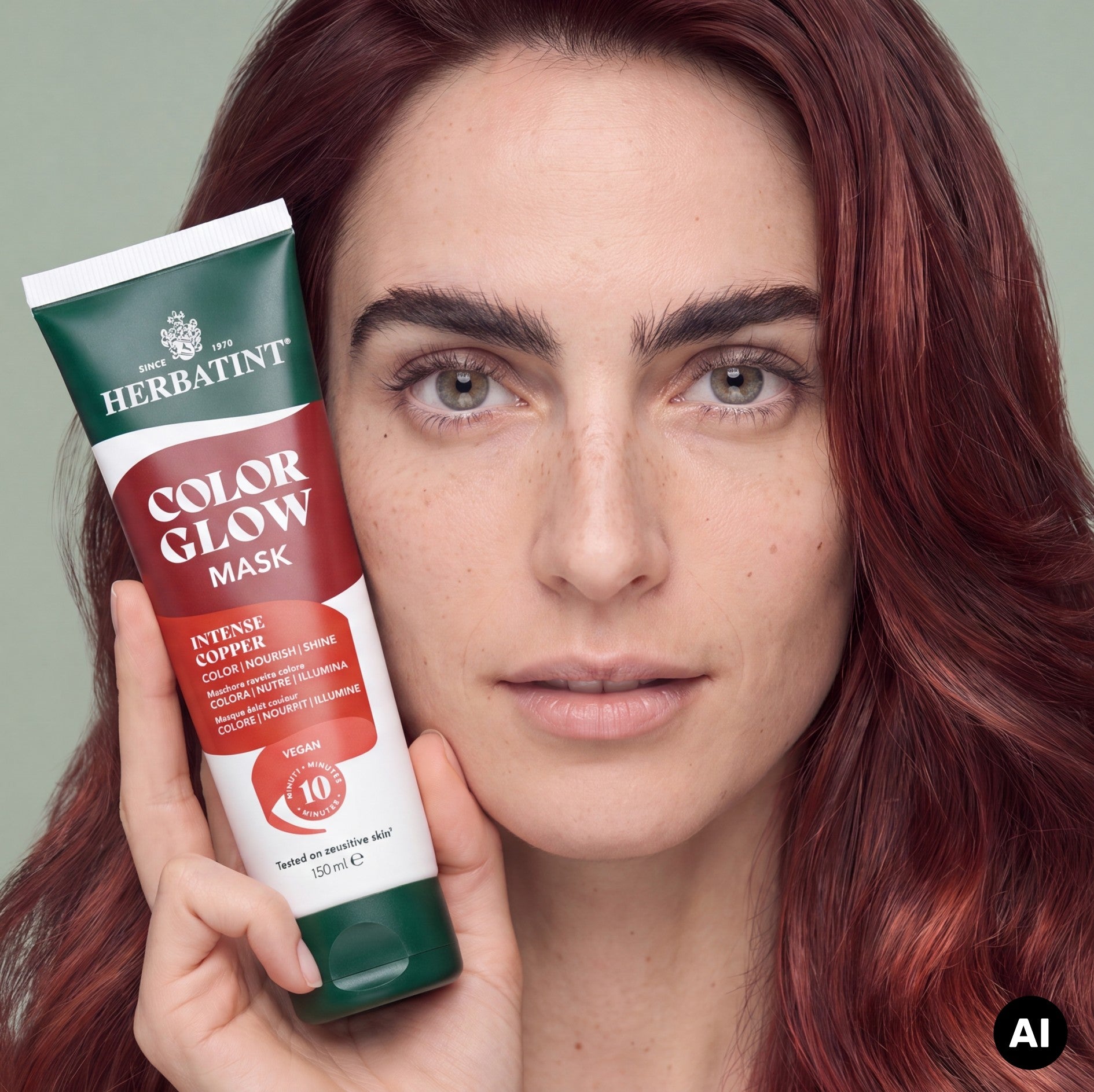 Donna con lunghi capelli rosso rame tiene accanto al viso Color Glow Mask Herbatint Intense Copper.