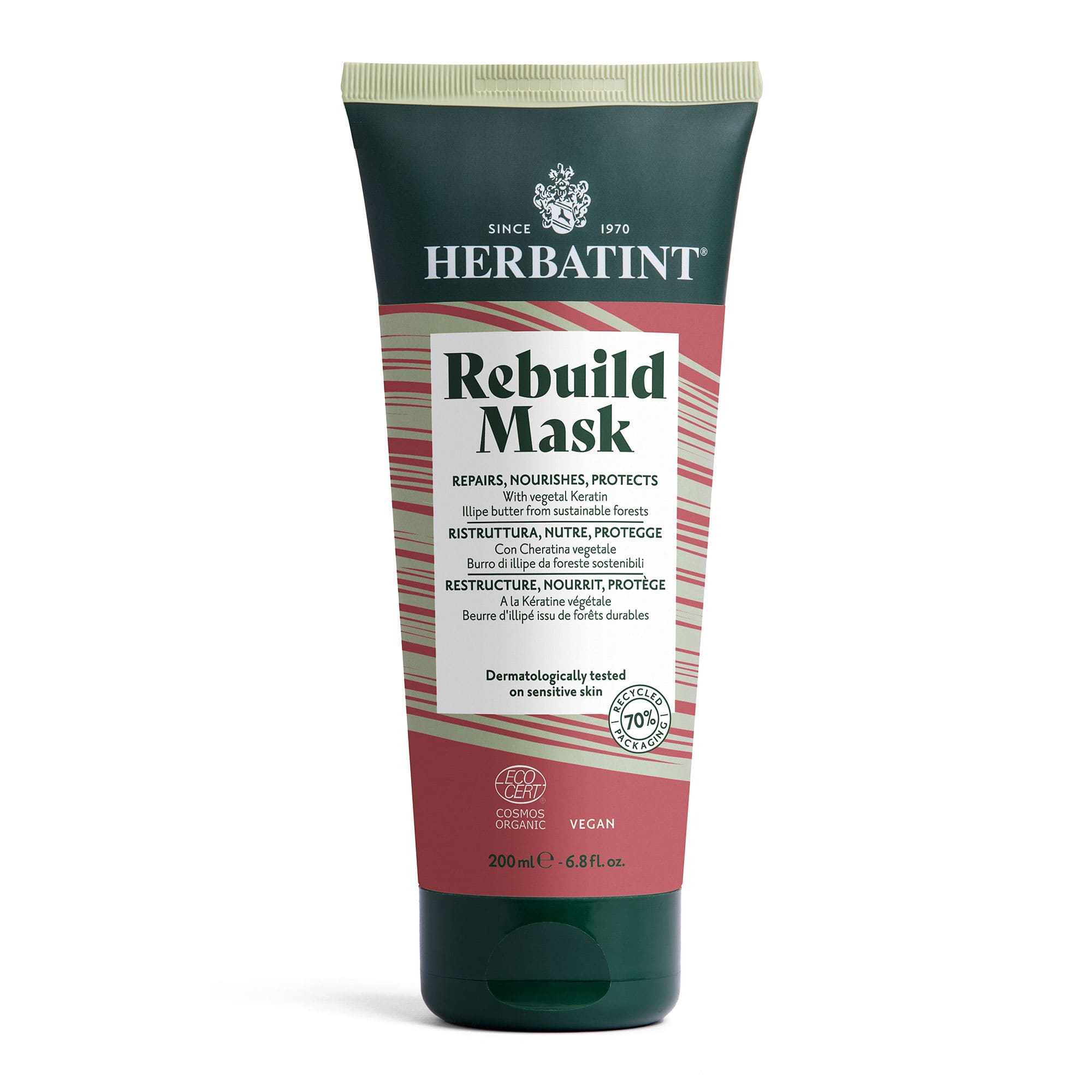 Tube van 200 ml Herbatint Rebuild Mask, vegan herstructurerende behandeling met plantaardige keratine en duurzame illipéboter om het haar te voeden, herstellen en beschermen