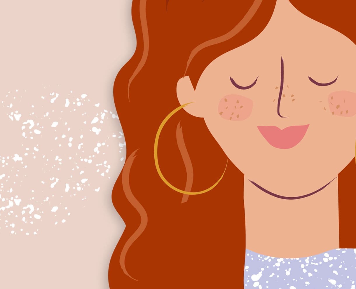 Stylized illustration of a smiling woman with red hair in an essential graphic style on a pink background